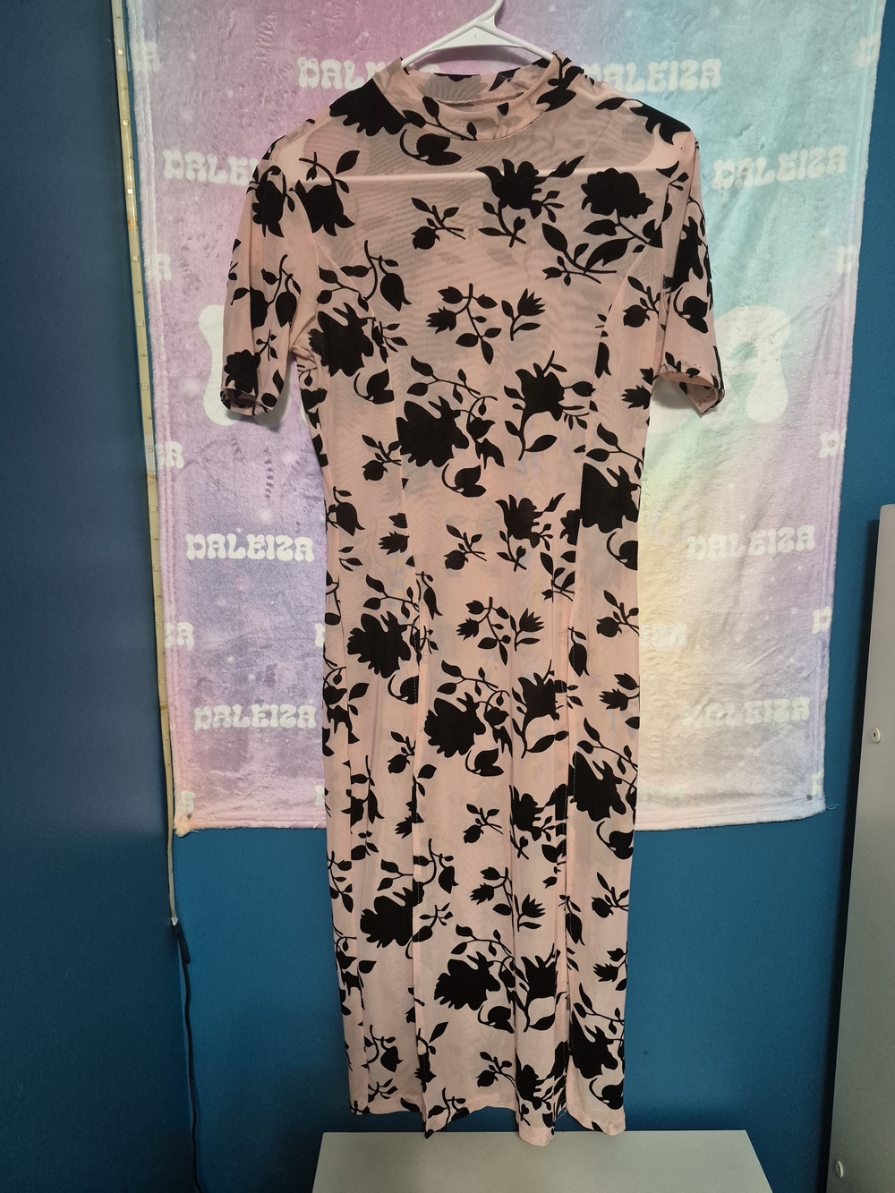 Women's Pink Floral Midi Dress with Black Print